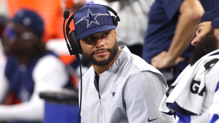 Arlington, Texas, USA; Dallas Cowboys quarterback Dak Prescott (4) sits on the bench during the game against the Las Vegas Raiders at AT&T Stadium. 