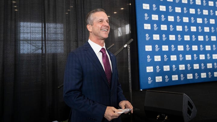 New Giants Head Coach John Harbaugh speaks with members of the media during a press conference welcoming Harbaugh at the Quest Diagnostics Training Center in East Rutherford on Tuesday, Jan. 20, 2025.