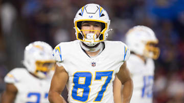 Oct 21, 2024; Glendale, Arizona, USA; Los Angeles Chargers wide receiver Simi Fehoko (87) against the Arizona Cardinals at State Farm Stadium. Mandatory Credit: Mark J. Rebilas-Imagn Images