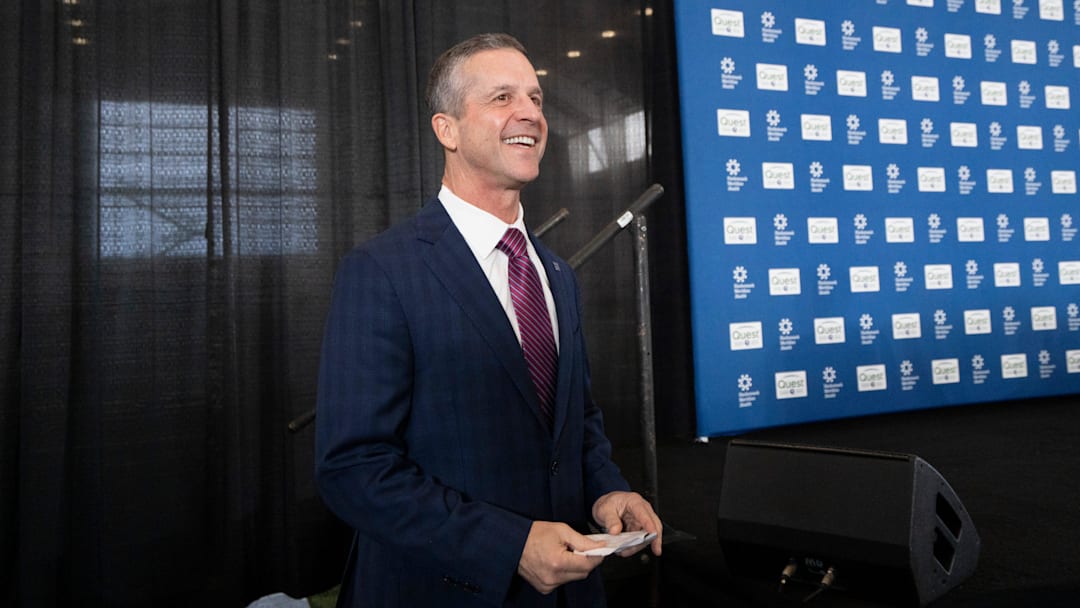 New Giants Head Coach John Harbaugh speaks with members of the media during a press conference welcoming Harbaugh at the Quest Diagnostics Training Center in East Rutherford on Tuesday, Jan. 20, 2025.