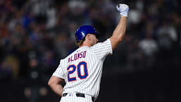 Aug 28, 2025; New York City, New York, USA; New York Mets first baseman Pete Alonso (20) runs the bases after hitting a two run home run against the Miami Marlins during the fifth inning at Citi Field. Mandatory Credit: John Jones-Imagn Images