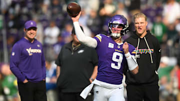 Oct 19, 2025; Minneapolis, Minnesota, USA; Minnesota Vikings quarterback J.J. McCarthy (9) throws a pass during warm ups before the game against the Philadelphia Eagles at U.S. Bank Stadium.