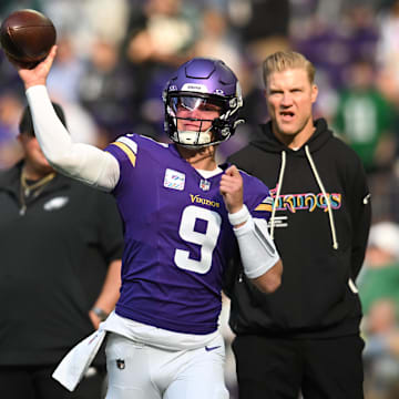 Oct 19, 2025; Minneapolis, Minnesota, USA; Minnesota Vikings quarterback J.J. McCarthy (9) throws a pass during warm ups before the game against the Philadelphia Eagles at U.S. Bank Stadium.