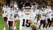 Sep 7, 2024; Tempe, Arizona, USA; Mississippi State Bulldogs quarterback Jake Weir (15) against the Arizona State Sun Devils at Mountain America Stadium. Mandatory Credit: Mark J. Rebilas-Imagn Images