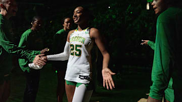 Oregon’s Deja Kelly is introduced before the game against the USC Trojans at Matthew Knight Arena in Eugene Saturday, Dec. 7, 2024