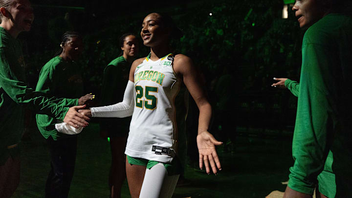Oregon’s Deja Kelly is introduced before the game against the USC Trojans at Matthew Knight Arena in Eugene Saturday, Dec. 7, 2024