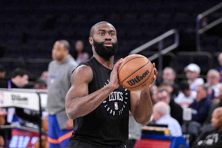 Boston Celtics guard Jaylen Brown warms up before a game against the New York Knicks.