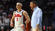 Jan 29, 2025; Oxford, Mississippi, USA; Mississippi Rebels head coach Chris Beard (right) talks with guard Sean Pedulla (3) during the first half against the Texas Longhorns at The Sandy and John Black Pavilion at Ole Miss. Mandatory Credit: Petre Thomas-Imagn Images