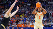 Mar 20, 2025; Lexington, KY, USA; Tennessee Volunteers guard Chaz Lanier (2) shoots the ball during the second half against the Wofford Terriers in the first round of the NCAA Tournament at Rupp Arena. Mandatory Credit: Aaron Doster-Imagn Images