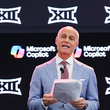 Jul 8, 2025; Frisco, TX, USA; Big 12 Commissioner Brett Yormark addresses the media during the 2025 Big 12 Football Media Days at The Star. Mandatory Credit: Raymond Carlin III-Imagn Images