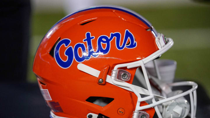 Nov 18, 2023; Columbia, Missouri, USA; A general view of a Florida Gators helmet against the Missouri Tigers during the game at Faurot Field at Memorial Stadium. Mandatory Credit: Denny Medley-USA TODAY Sports