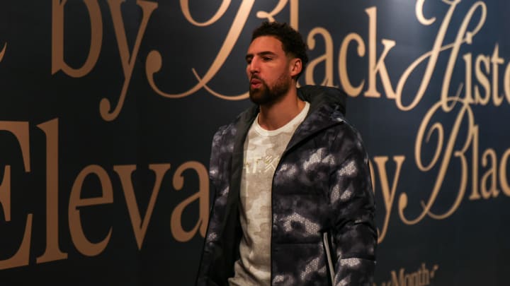 Feb 12, 2024; Salt Lake City, Utah, USA;  Golden State Warriors guard Klay Thompson (11) arrives at the Delta Center before the game against the Utah Jazz. Mandatory Credit: Chris Nicoll-USA TODAY Sports