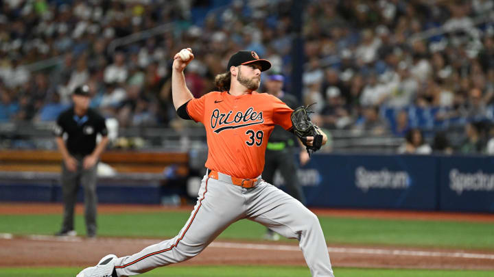 Aug 10, 2024; St. Petersburg, Florida, USA; Baltimore Orioles starting pitcher Corbin Burnes (39) throws a pitch in the first inning against the Tampa Bay Rays at Tropicana Field. Mandatory Credit: Jonathan Dyer-USA TODAY Sports