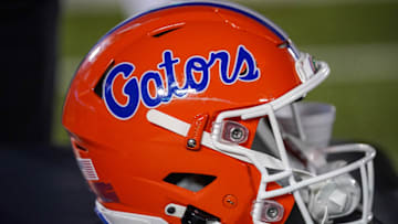 Nov 18, 2023; Columbia, Missouri, USA; A general view of a Florida Gators helmet against the Missouri Tigers during the game at Faurot Field at Memorial Stadium. Mandatory Credit: Denny Medley-Imagn Images