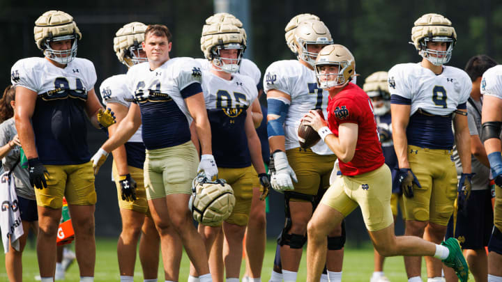 Notre Dame quarterback Steve Angeli looks for an open receiver during a Notre Dame football practice at Irish Athletic Center on Tuesday, Aug. 6, 2024, in South Bend.