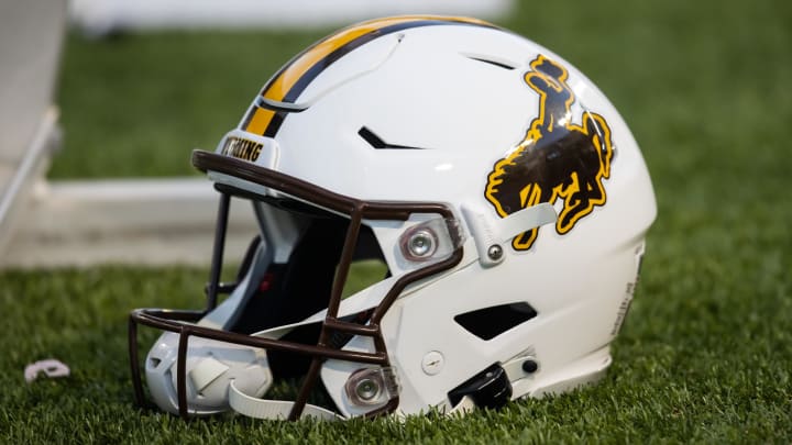 Dec 30, 2022; Tucson, AZ, USA; Detailed view of a Wyoming Cowboys helmet during the 2022 Barstool Sports Arizona Bowl at Arizona Stadium. Mandatory Credit: Mark J. Rebilas-USA TODAY Sports