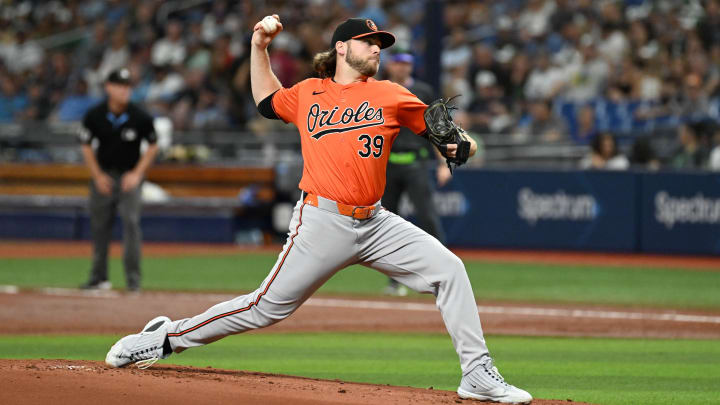 Aug 10, 2024; St. Petersburg, Florida, USA; Baltimore Orioles starting pitcher Corbin Burnes (39) throws a pitch in the first inning against the Tampa Bay Rays at Tropicana Field.