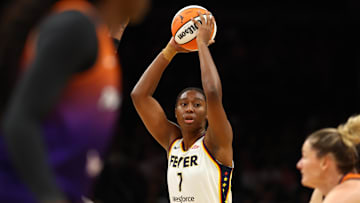 Aug 7, 2025; Phoenix, Arizona, USA; Indiana Fever forward Aliyah Boston (7) against the Phoenix Mercury during an WNBA game at PHX Arena. Mandatory Credit: Mark J. Rebilas-Imagn Images