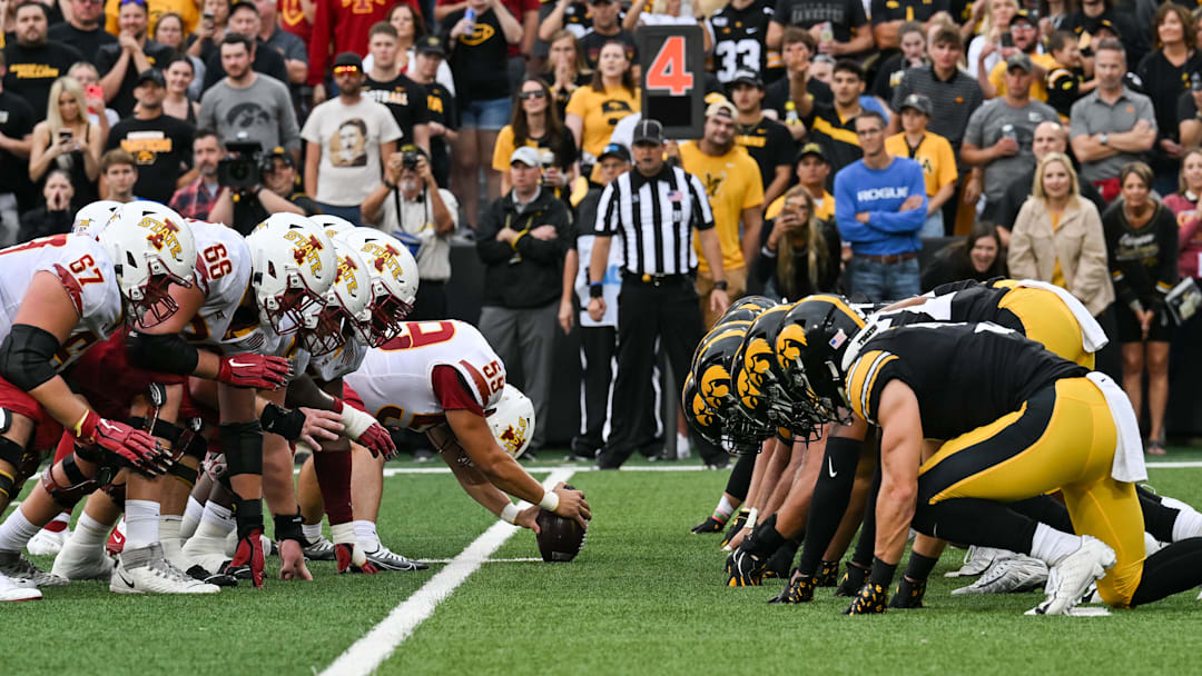 Sep 10, 2022; Iowa City, Iowa, USA; The line of scrimmage during the second quarter between the Iowa Hawkeyes and the Iowa State Cyclones at Kinnick Stadium. Mandatory Credit: Jeffrey Becker-Imagn Images Sep 10, 2022; Iowa City, Iowa, USA; The line of scrimmage during the second quarter between the Iowa Hawkeyes and the Iowa State Cyclones at Kinnick Stadium. Mandatory Credit: Jeffrey Becker-Imagn Images