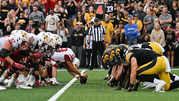 Sep 10, 2022; Iowa City, Iowa, USA; The line of scrimmage  during the second quarter between the Iowa Hawkeyes and the Iowa State Cyclones at Kinnick Stadium. Mandatory Credit: Jeffrey Becker-Imagn Images