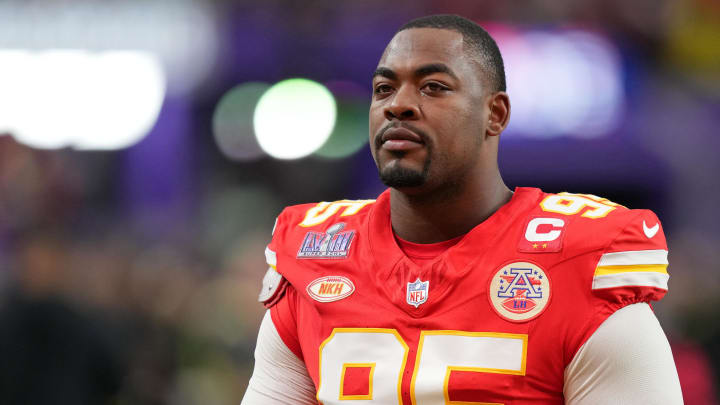 Feb 11, 2024; Paradise, Nevada, USA; Kansas City Chiefs defensive tackle Chris Jones (95) warms up before Super Bowl LVIII against the San Francisco 49ers at Allegiant Stadium.