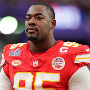 Feb 11, 2024; Paradise, Nevada, USA; Kansas City Chiefs defensive tackle Chris Jones (95) warms up before Super Bowl LVIII against the San Francisco 49ers at Allegiant Stadium. Mandatory Credit: Kirby Lee-USA TODAY Sports