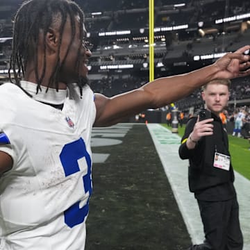Dallas Cowboys wide receiver George Pickens reacts towards the stands following a game against the Las Vegas Raiders.