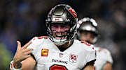 Tampa Bay Buccaneers quarterback Baker Mayfield (6) reacts against the Detroit Lions.