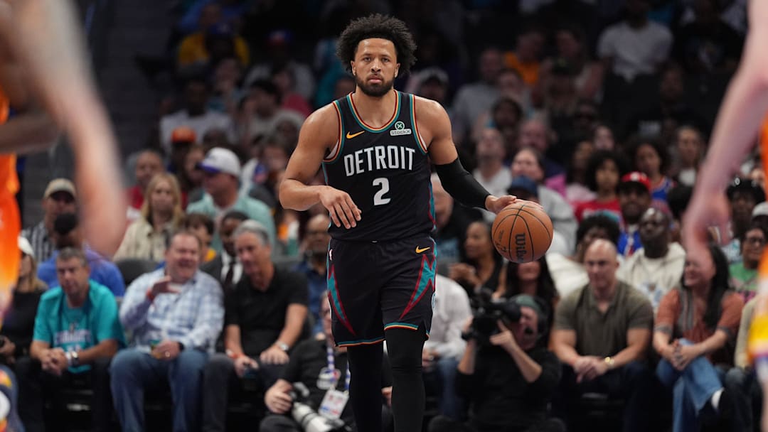 Apr 10, 2026; Charlotte, North Carolina, USA; Detroit Pistons guard Cade Cunningham (2) brings the ball up court against the Charlotte Hornets during first quarter at Spectrum Center. Mandatory Credit: Jim Dedmon-Imagn Images