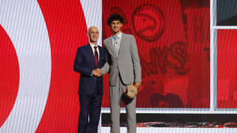 Jun 26, 2024; Brooklyn, NY, USA; Zaccharie Risacher poses for photos with NBA commissioner Adam Silver after being selected first overall by the Atlanta Hawks in the first round of the 2024 NBA Draft at Barclays Center. Mandatory Credit: Brad Penner-USA TODAY Sports