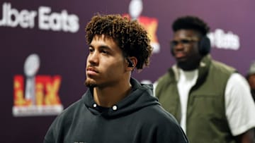Feb 9, 2025; New Orleans, LA, USA; Philadelphia Eagles safety Tristin McCollum (36) arrives before Super Bowl LIX at Caesars Superdome. Mandatory Credit: Stephen Lew-Imagn Images