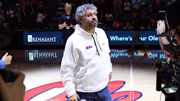 Dec 2, 2025; Oxford, Mississippi, USA; Mississippi Rebels head coach football Pete Golding is introduced during a timeout during the first half against the Miami Hurricanes at The Sandy and John Black Pavilion at Ole Miss. Mandatory Credit: Petre Thomas-Imagn Images