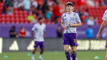 Sep 28, 2024; Frisco, Texas, USA; Orlando City midfielder Heine Bruseth (18) warms up prior to the match against the FC Dallas at Toyota Stadium. Mandatory Credit: Andrew Dieb-Imagn Images