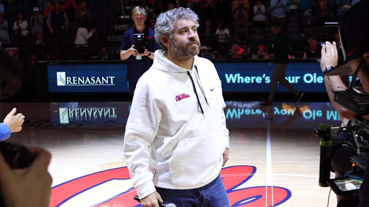 Dec 2, 2025; Oxford, Mississippi, USA; Mississippi Rebels head coach football Pete Golding is introduced during a timeout during the first half against the Miami Hurricanes at The Sandy and John Black Pavilion at Ole Miss. Mandatory Credit: Petre Thomas-Imagn Images