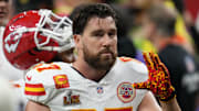 Feb 9, 2025; New Orleans, LA, USA; Kansas City Chiefs tight end Travis Kelce (87) takes the field before Super Bowl LIX against the Philadelphia Eagles at Caesars Superdome. Mandatory Credit: Kirby Lee-Imagn Images