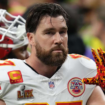 Feb 9, 2025; New Orleans, LA, USA; Kansas City Chiefs tight end Travis Kelce (87) takes the field before Super Bowl LIX against the Philadelphia Eagles at Caesars Superdome. Mandatory Credit: Kirby Lee-Imagn Images