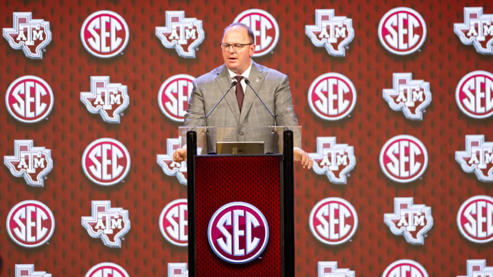 Jul 18, 2024; Dallas, TX, USA; Texas A&M head coach Mike Elko speaking at Omni Dallas Hotel. 