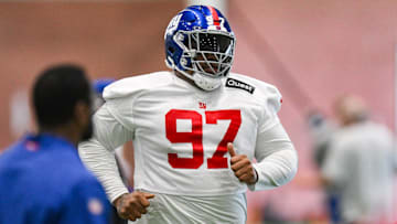 Jun 17, 2025; East Rutherford, NJ, USA; New York Giants defensive tackle Dexter Lawrence II (97) participates in a drill during minicamp at Quest Diagnostics Training Center. Mandatory Credit: John Jones-Imagn Images