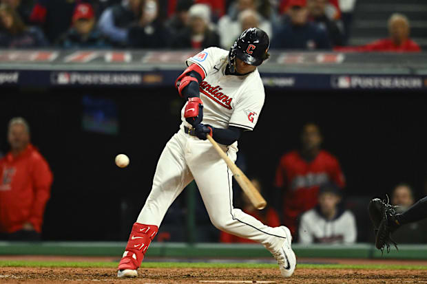 Bo Naylor (23) hits a double in the eighth inning