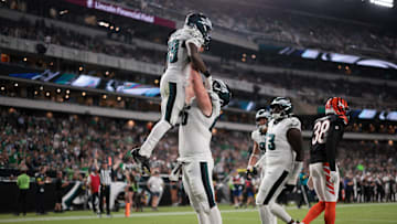 Aug 7, 2025; Philadelphia, Pennsylvania, USA; Philadelphia Eagles center Drew Kendall (66) and running back ShunDerrick Powell (39) celebrate after his touchdown against the Cincinnati Bengals during the third quarter at Lincoln Financial Field. Mandatory Credit: Bill Streicher-Imagn Images