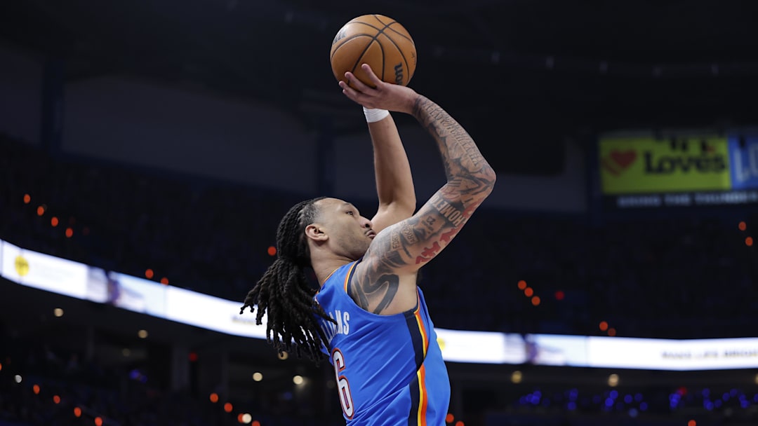 Apr 19, 2026; Oklahoma City, Oklahoma, USA; Oklahoma City Thunder forward Jaylin Williams (6) shoots a three point basket in the second half during game one of the first round of the 2026 NBA Playoffs at Paycom Center.