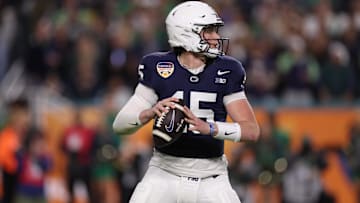 Jan 9, 2025; Miami, FL, USA; Penn State Nittany Lions quarterback Drew Allar (15) looks to pass in the second half against the Notre Dame Fighting Irish in the Orange Bowl at Hard Rock Stadium. Mandatory Credit: Nathan Ray Seebeck-Imagn Images