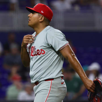 May 10, 2024; Miami, Florida, USA; Philadelphia Phillies starting pitcher Ranger Suarez (55) looks on against the Miami Marlins during the third inning at loanDepot Park.