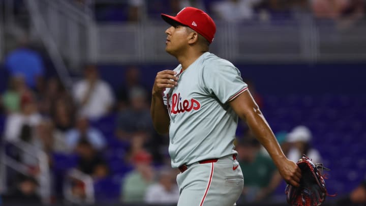 May 10, 2024; Miami, Florida, USA; Philadelphia Phillies starting pitcher Ranger Suarez (55) looks on against the Miami Marlins during the third inning at loanDepot Park.