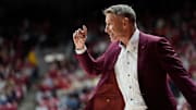 Dec 3, 2025; Tuscaloosa, AL, USA; Alabama head coach Nate Oats gestures as he yells to an official during the game with Clemson at Coleman Coliseum. Alabama defeated Clemson 90-84. Mandatory Credit: Gary Cosby Jr.-Tuscaloosa News