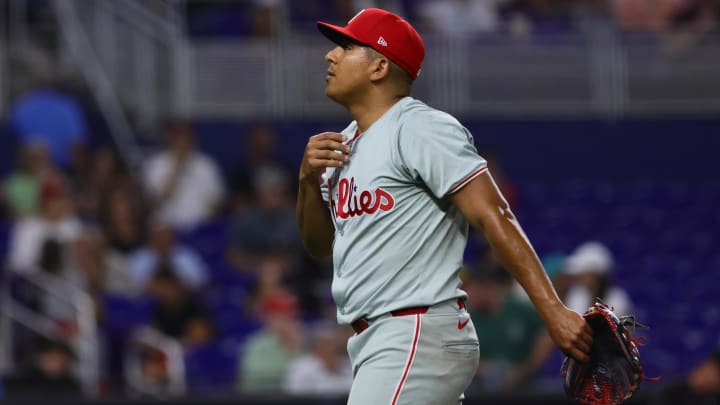 May 10, 2024; Miami, Florida, USA; Philadelphia Phillies starting pitcher Ranger Suarez (55) looks on against the Miami Marlins during the third inning at loanDepot Park