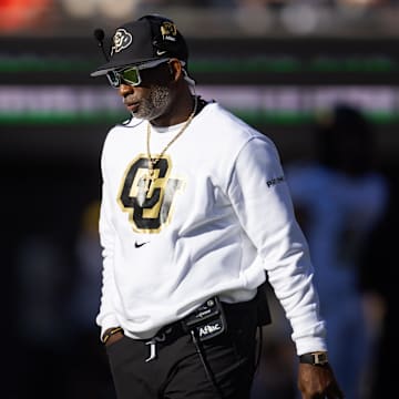 Oct 19, 2024; Tucson, Arizona, USA; Colorado Buffalos head coach Deion Sanders against the Arizona Wildcats at Arizona Stadium. Mandatory Credit: Mark J. Rebilas-Imagn Images