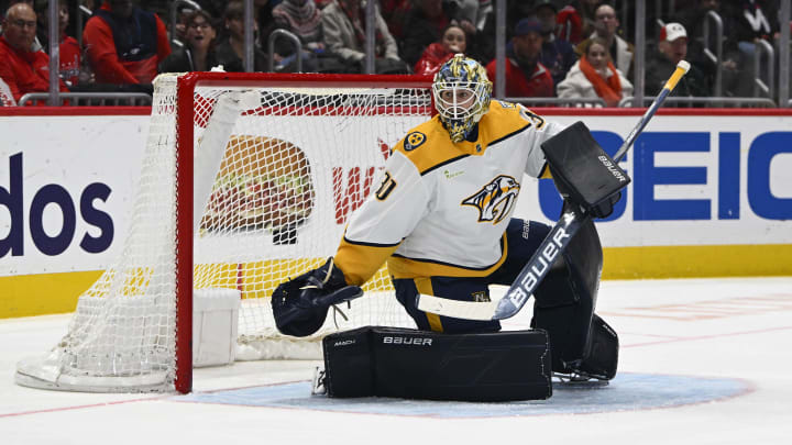 Dec 30, 2023; Washington, District of Columbia, USA; Nashville Predators goaltender Yaroslav Askarov (30) in net /awarded/ during the first period at Capital One Arena. Mandatory Credit: Brad Mills-USA TODAY Sports