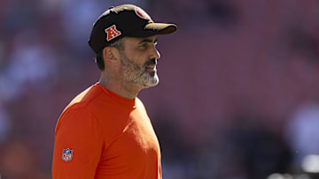 Oct 20, 2024; Cleveland, Ohio, USA; Cleveland Browns head coach Kevin Stefanski watches warmups before the game against the Cincinnati Bengals at Huntington Bank Field.