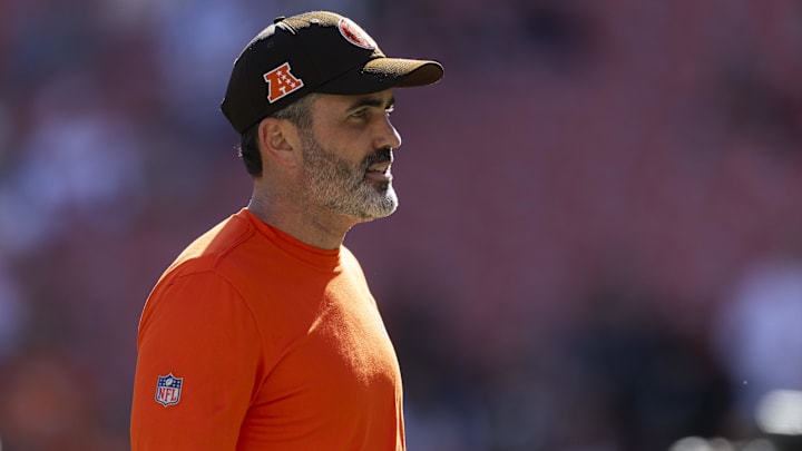 Oct 20, 2024; Cleveland, Ohio, USA; Cleveland Browns head coach Kevin Stefanski watches warmups before the game against the Cincinnati Bengals at Huntington Bank Field.